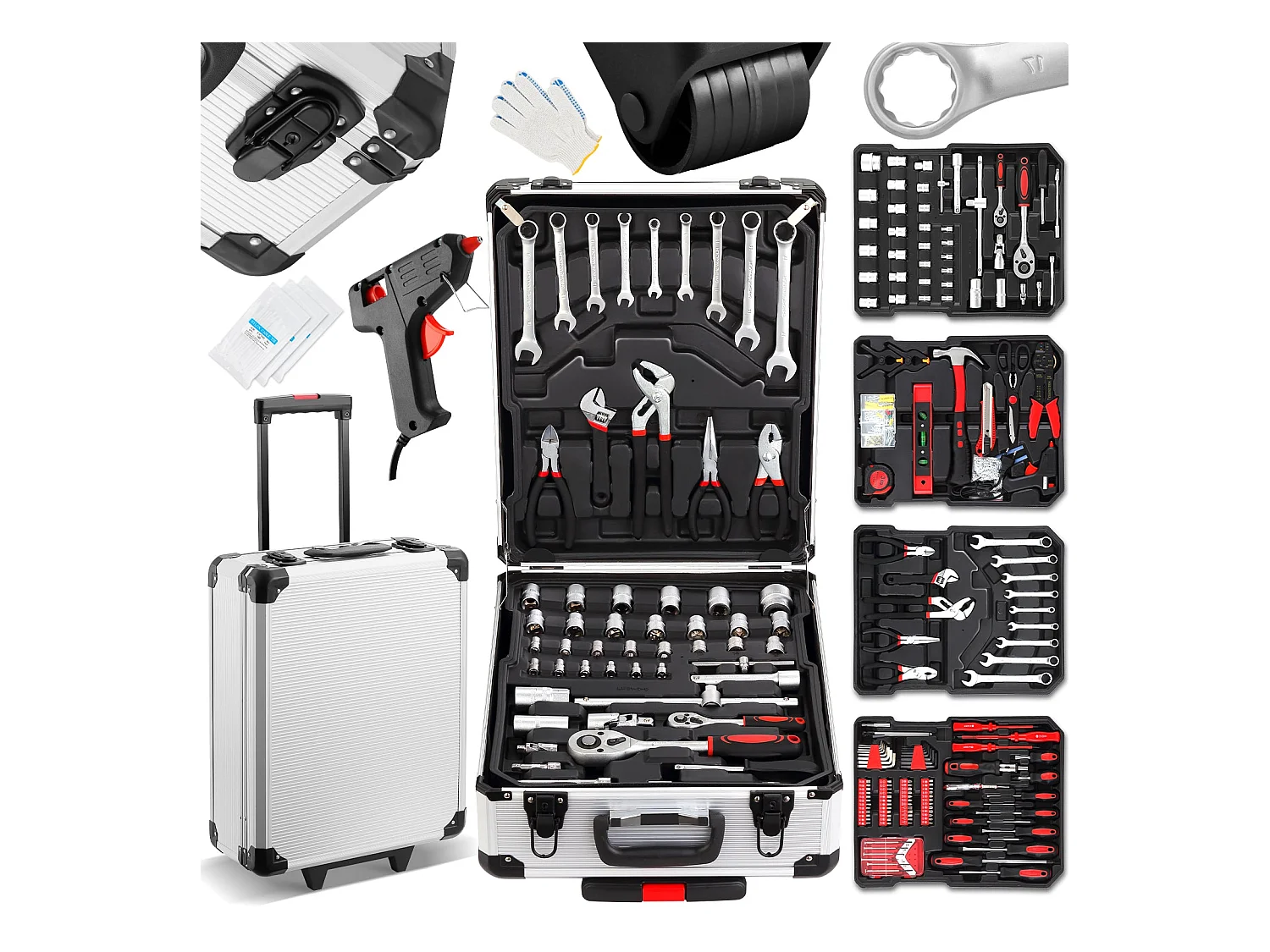 Coffret à Outils 1000 Pièces Professionnel - Valise Roulante Aluminium avec Poignée Télescopique et Outils Chrome Vanadium pour Mécanique
