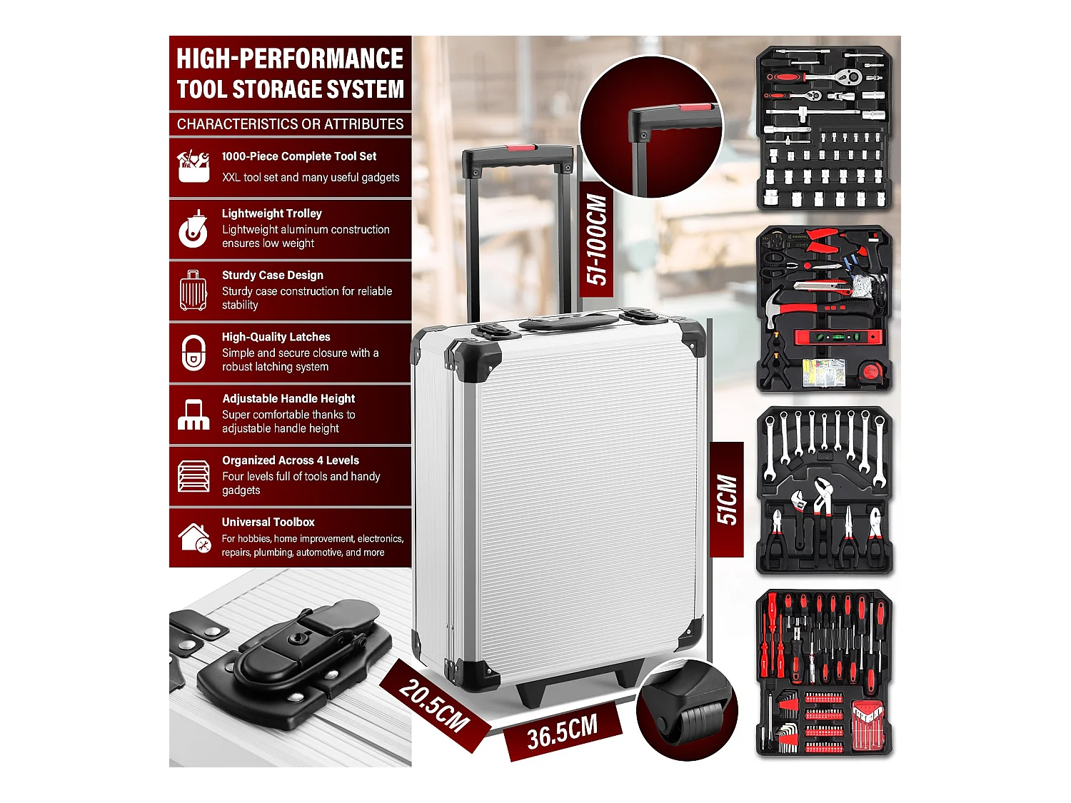 Coffret à Outils 1000 Pièces Professionnel - Valise Roulante Aluminium avec Poignée Télescopique et Outils Chrome Vanadium pour Mécanique