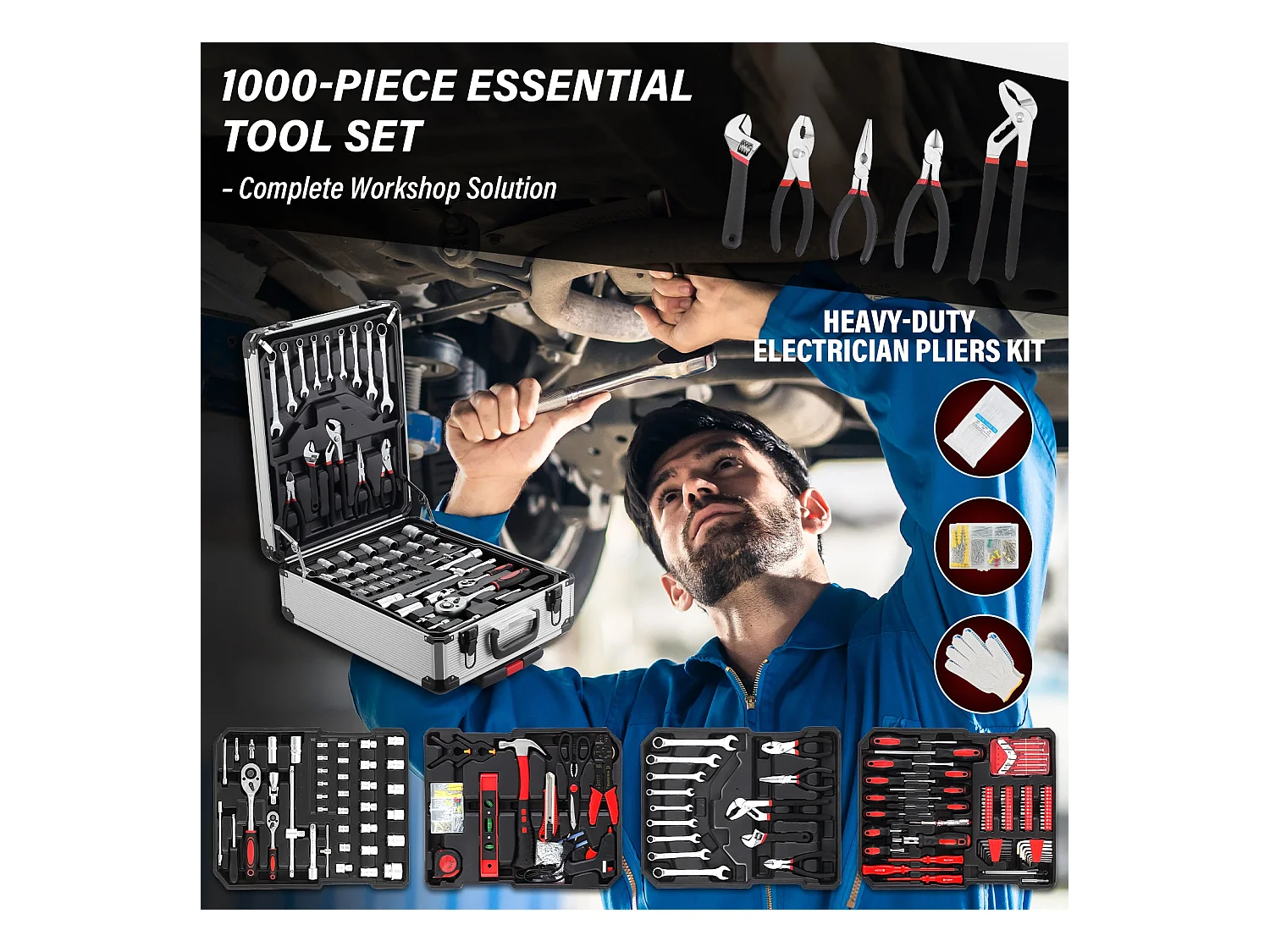 Coffret à Outils 1000 Pièces Professionnel - Valise Roulante Aluminium avec Poignée Télescopique et Outils Chrome Vanadium pour Mécanique