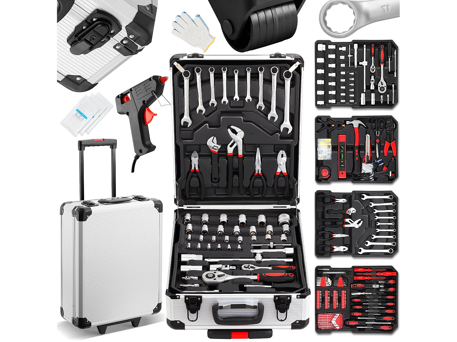 Coffret à Outils 1000 Pièces Professionnel - Valise Roulante Aluminium avec Poignée Télescopique et Outils Chrome Vanadium pour Mécanique