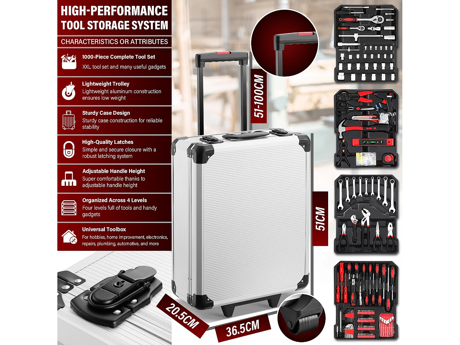 Coffret à Outils 1000 Pièces Professionnel - Valise Roulante Aluminium avec Poignée Télescopique et Outils Chrome Vanadium pour Mécanique