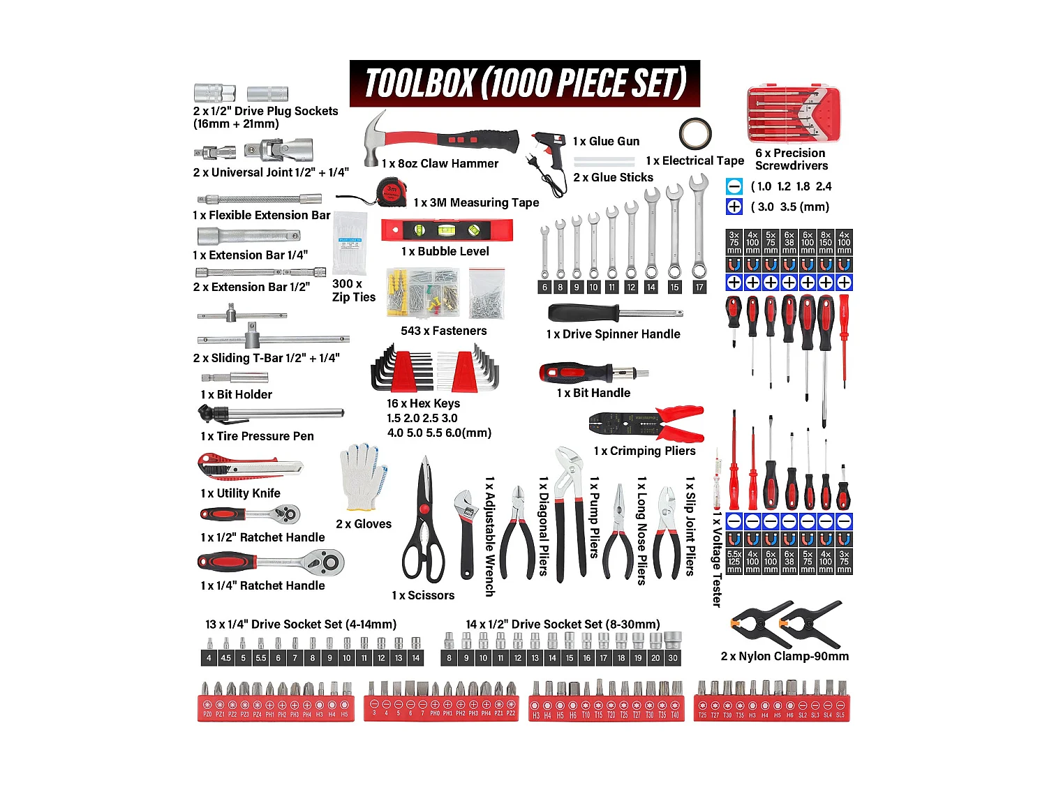 Coffret à Outils 1000 Pièces Professionnel - Valise Roulante Aluminium avec Poignée Télescopique et Outils Chrome Vanadium pour Mécanique