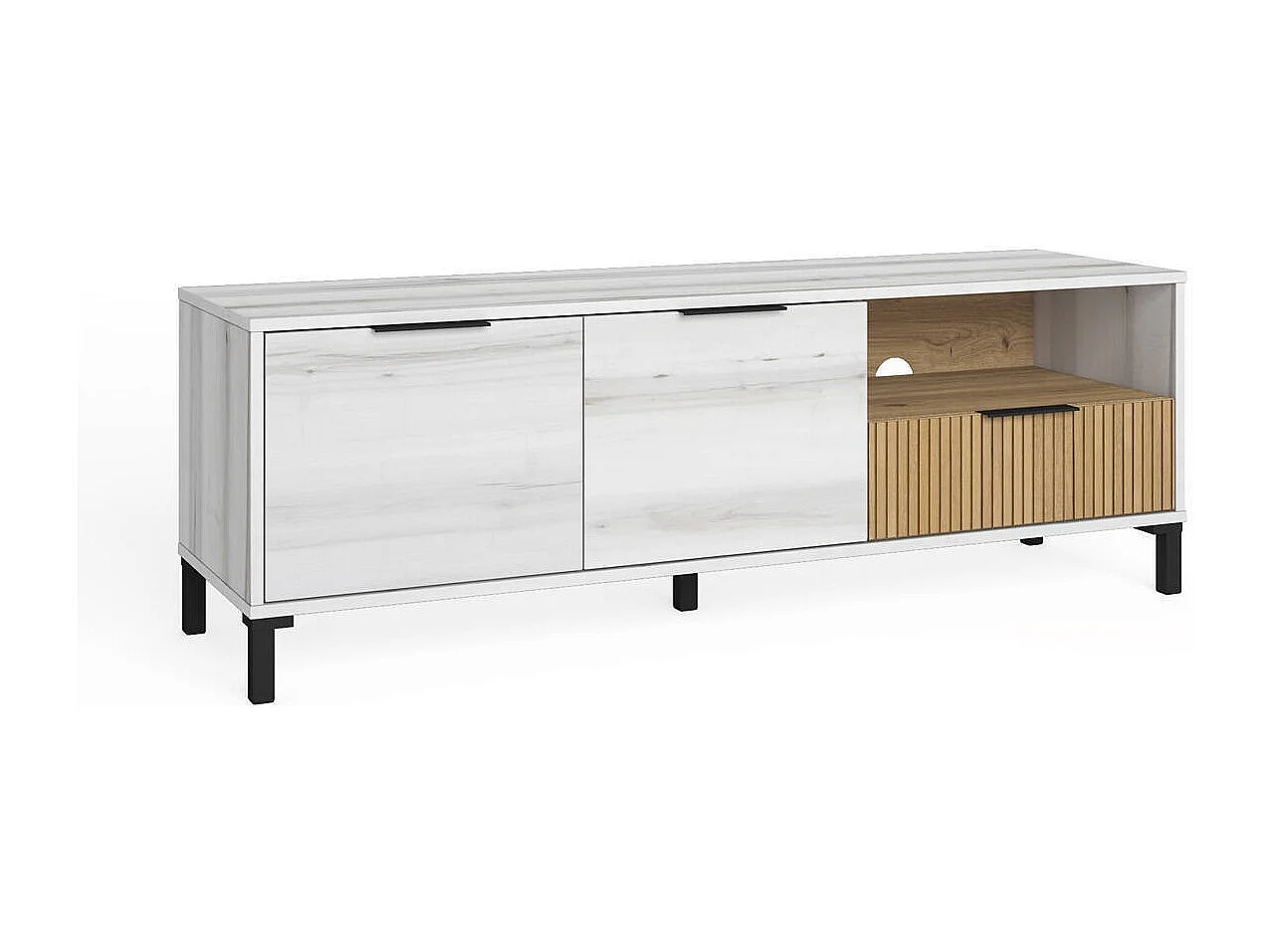 Mueble de TV de diseño moderno TOKIO, color albo y rayado, 136,3x40x46,5 cm