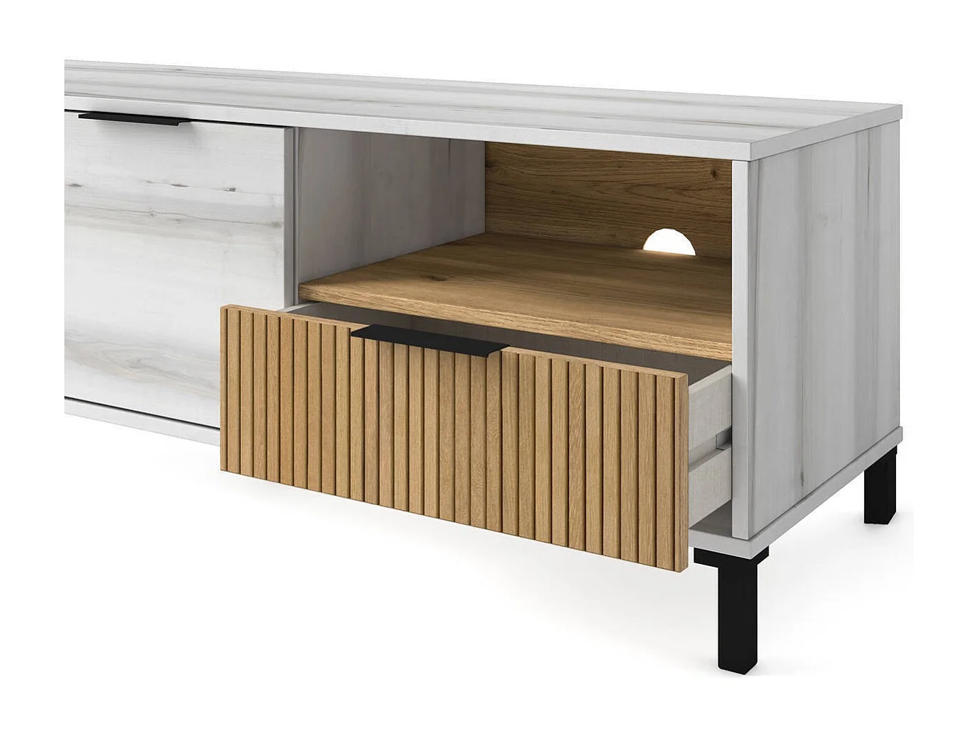 Mueble de TV de diseño moderno TOKIO, color albo y rayado, 136,3x40x46,5 cm