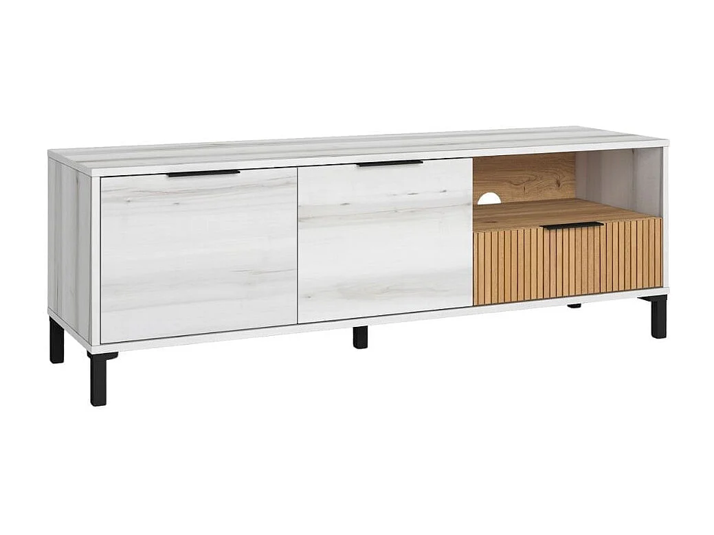 Mueble de TV de diseño moderno TOKIO, color albo y rayado, 136,3x40x46,5 cm