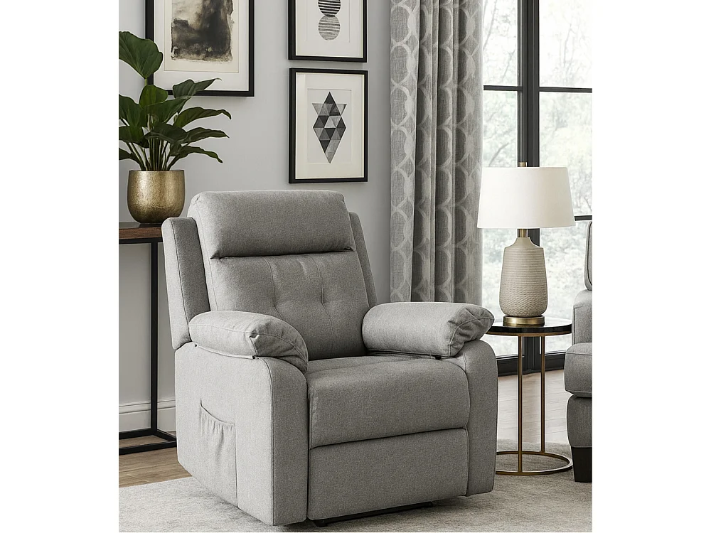 Butaca relax de 108x91x77 cm con motor eléctrico Power Lift de tela en color gris Nuba