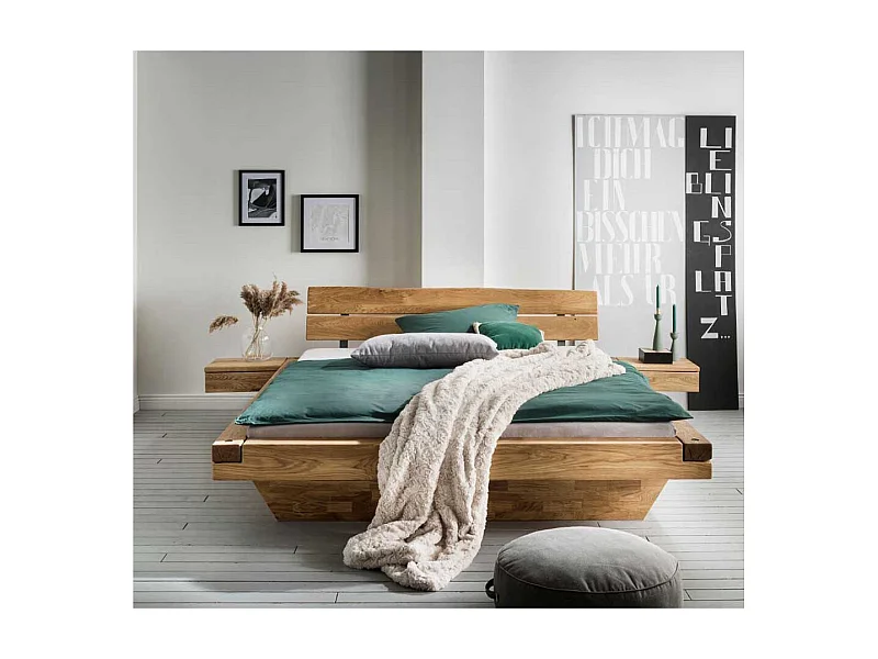 Stauraumbett Massivholz aus Wildeiche Schwebesockel (dreiteilig)