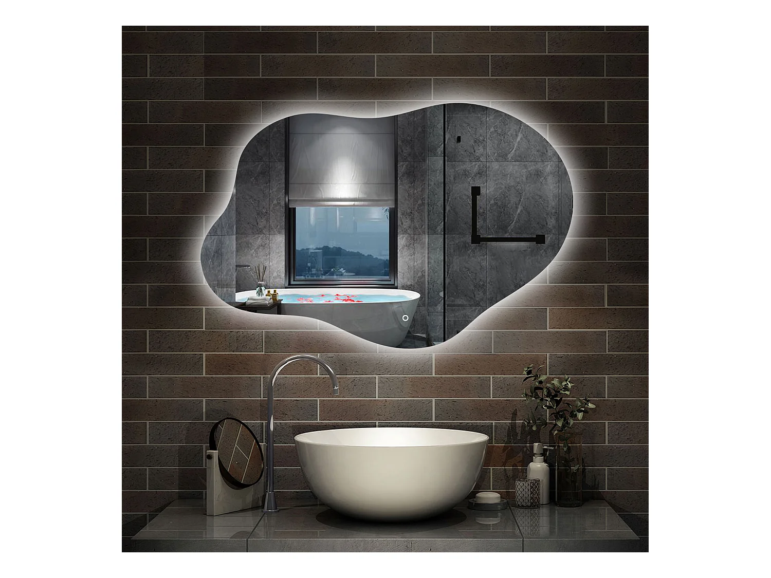 AICA Miroir de salle de bain en forme de nuage 100×66cm, rétro-éclairage, Design Asymétrique, 3 Couleurs + Dimmable + Anti-buée + Mémoire