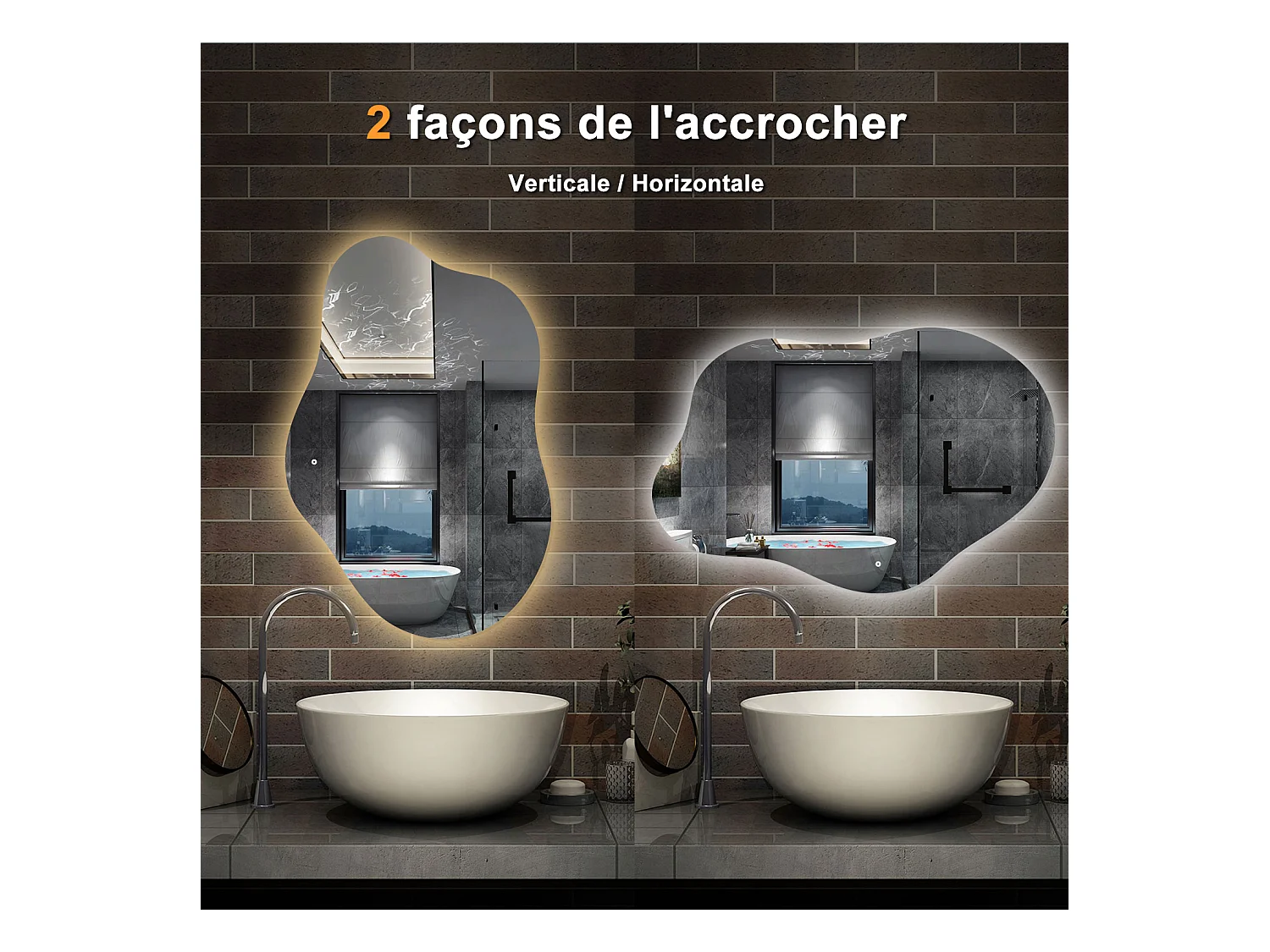 AICA Miroir de salle de bain en forme de nuage 100×66cm, rétro-éclairage, Design Asymétrique, 3 Couleurs + Dimmable + Anti-buée + Mémoire