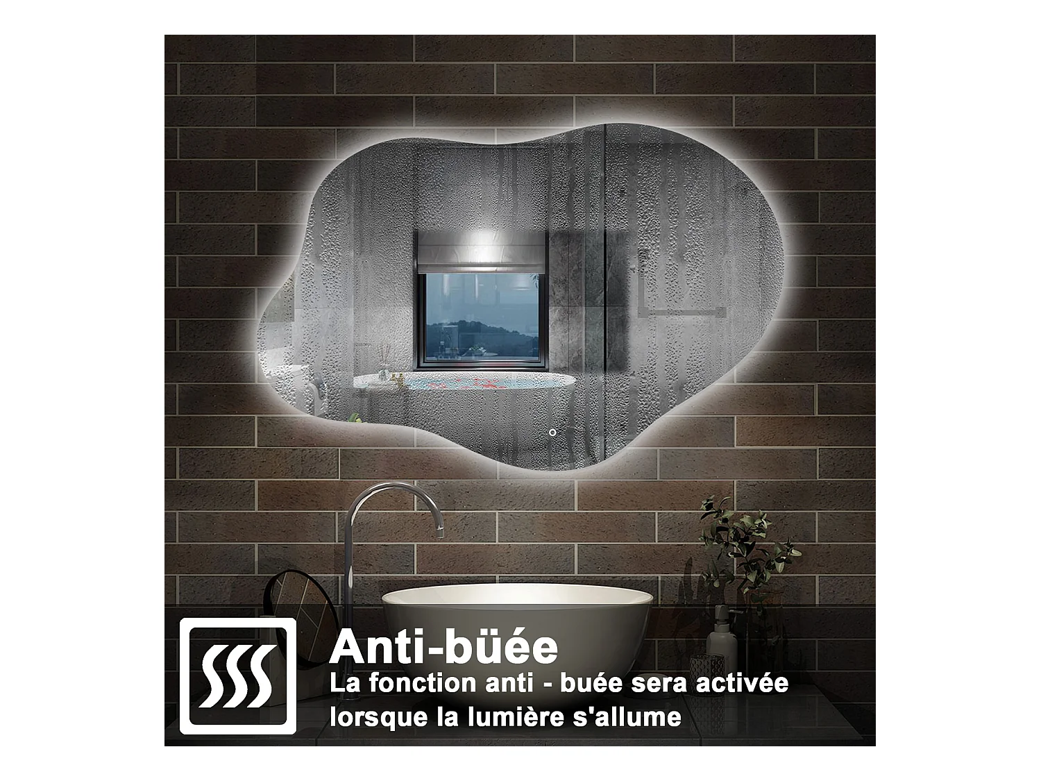 AICA Miroir de salle de bain en forme de nuage 100×66cm, rétro-éclairage, Design Asymétrique, 3 Couleurs + Dimmable + Anti-buée + Mémoire