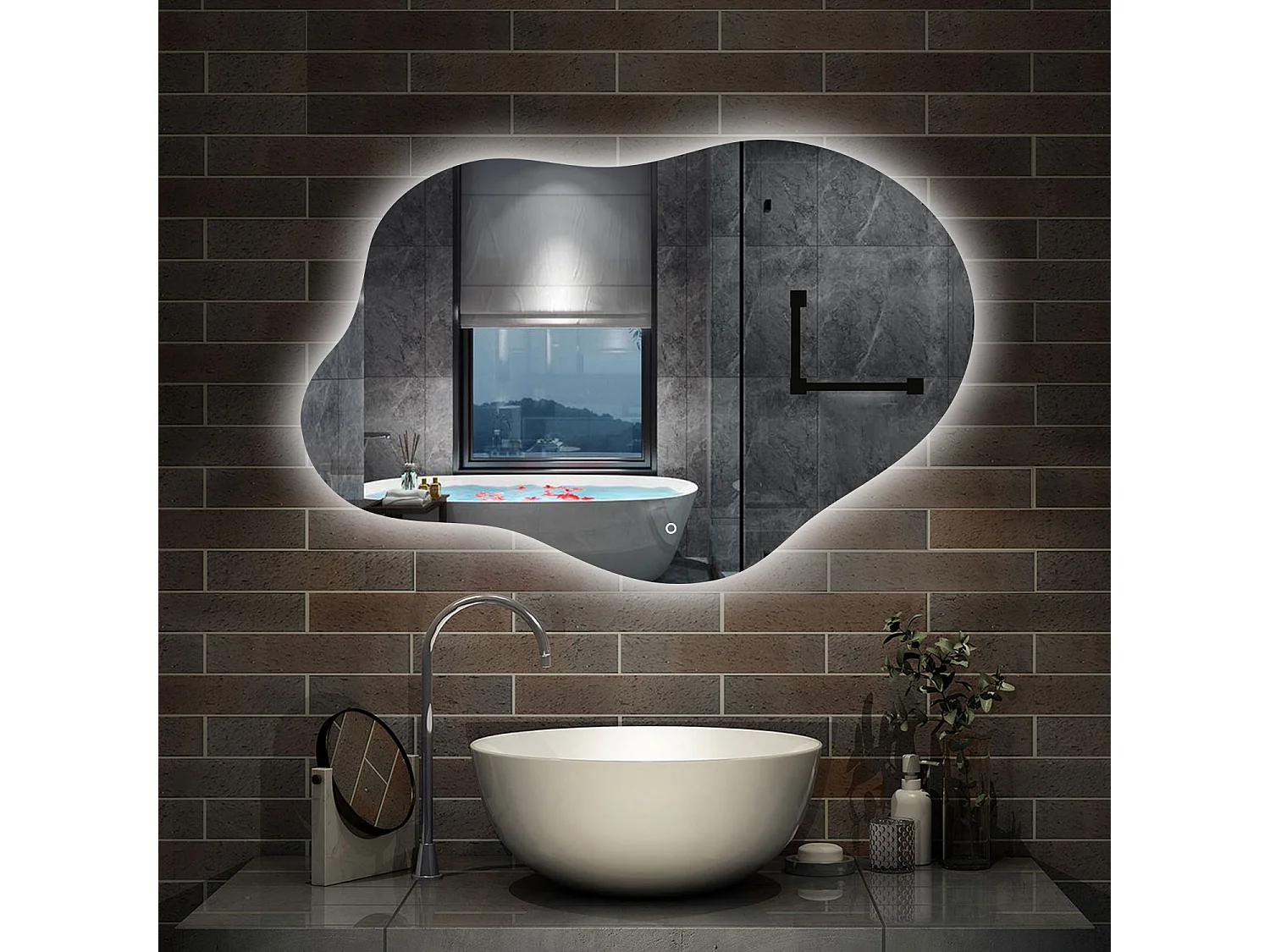AICA Miroir de salle de bain en forme de nuage 100×66cm, rétro-éclairage, Design Asymétrique, 3 Couleurs + Dimmable + Anti-buée + Mémoire