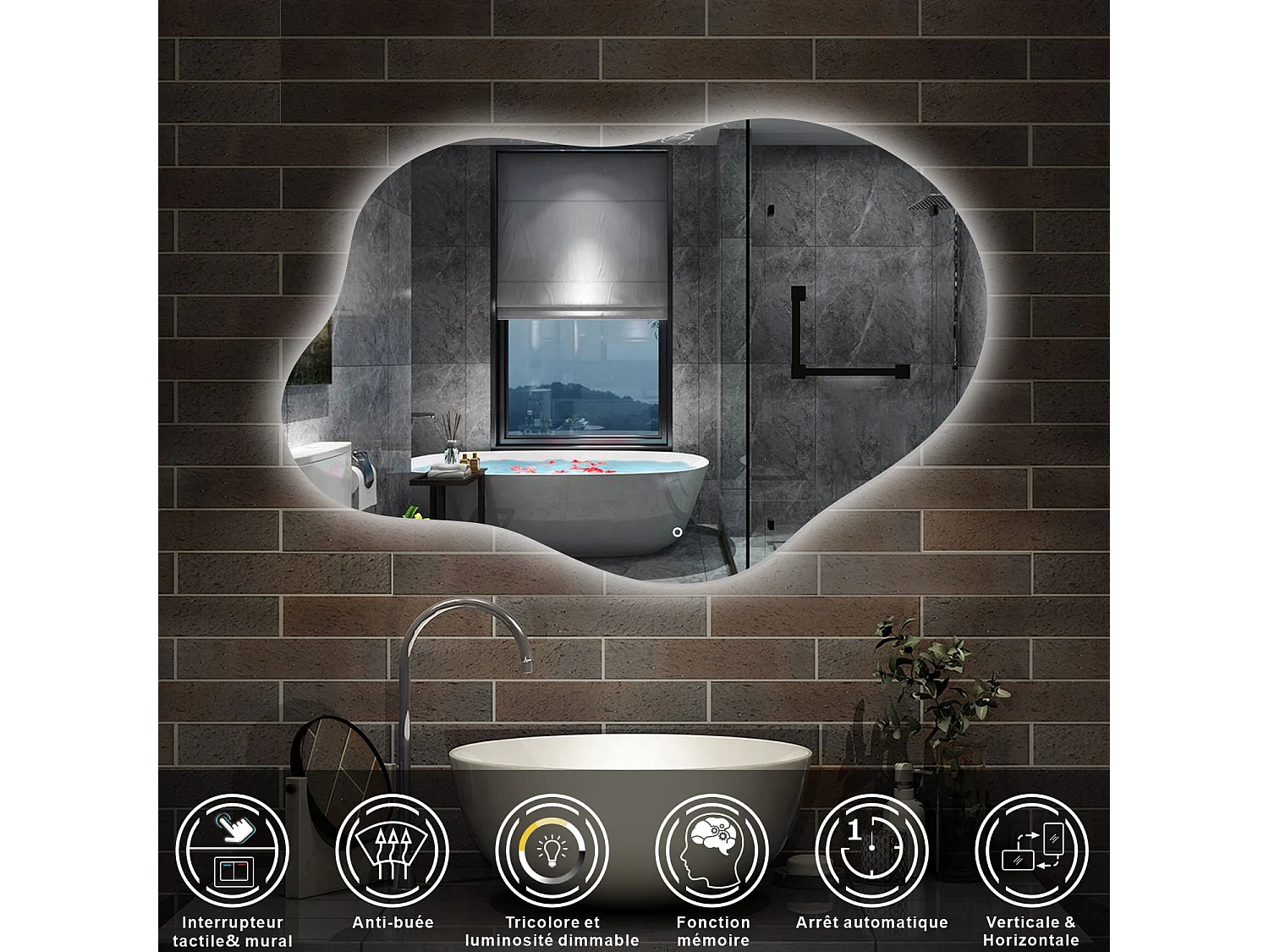 AICA Miroir de salle de bain en forme de nuage 100×66cm, rétro-éclairage, Design Asymétrique, 3 Couleurs + Dimmable + Anti-buée + Mémoire