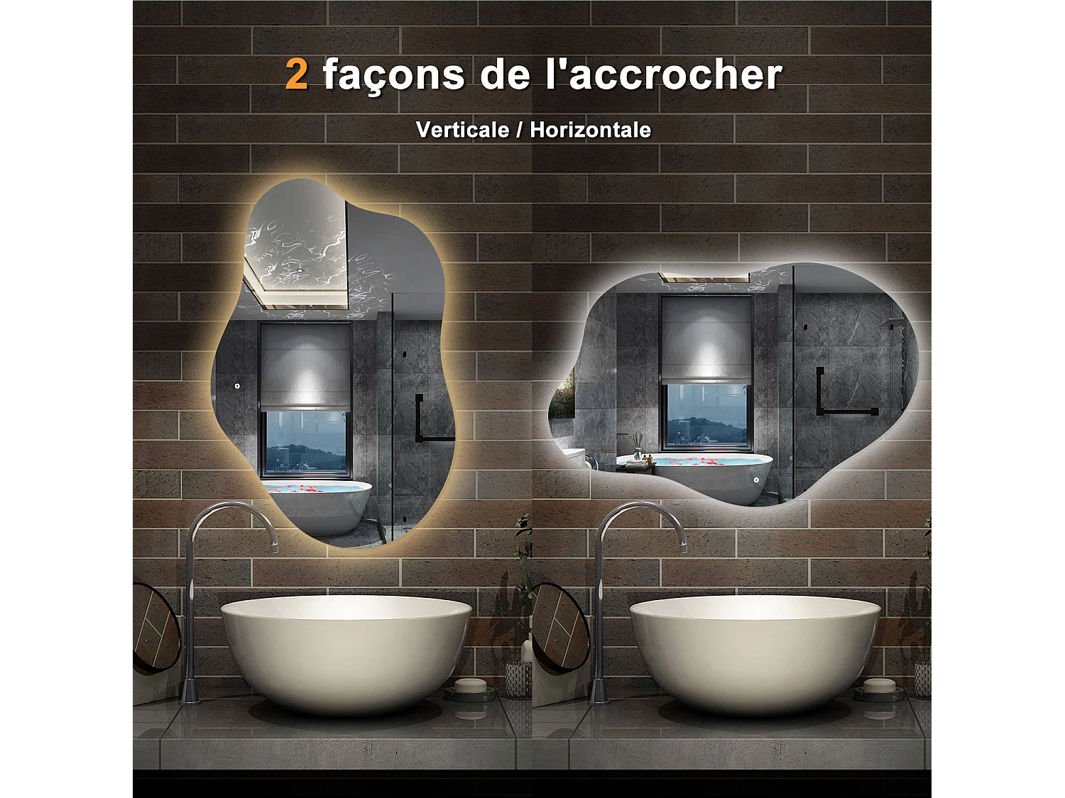 AICA Miroir de salle de bain en forme de nuage 100×66cm, rétro-éclairage, Design Asymétrique, 3 Couleurs + Dimmable + Anti-buée + Mémoire