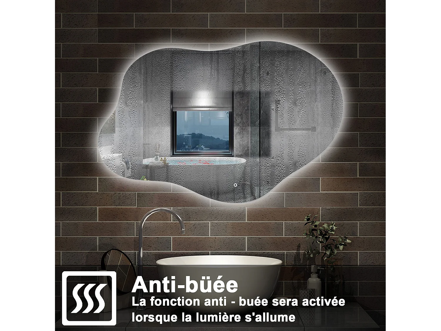 AICA Miroir de salle de bain en forme de nuage 100×66cm, rétro-éclairage, Design Asymétrique, 3 Couleurs + Dimmable + Anti-buée + Mémoire
