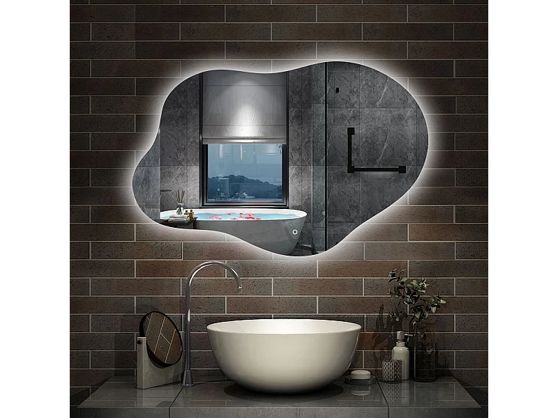 AICA Miroir de salle de bain en forme de nuage 100×66cm, rétro-éclairage, Design Asymétrique, 3 Couleurs + Dimmable + Anti-buée + Mémoire