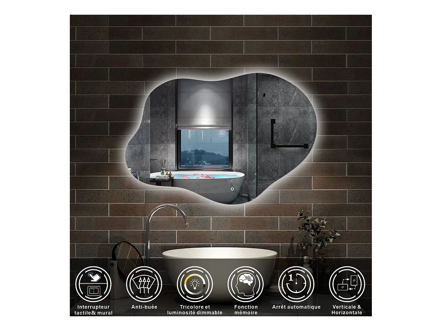 AICA Miroir de salle de bain en forme de nuage 80×55cm, rétro-éclairage, Design Asymétrique, 3 Couleurs + Dimmable + Anti-buée + Mémoire