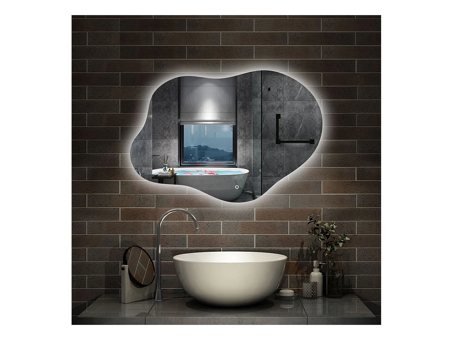 AICA Miroir de salle de bain en forme de nuage 80×55cm, rétro-éclairage, Design Asymétrique, 3 Couleurs + Dimmable + Anti-buée + Mémoire