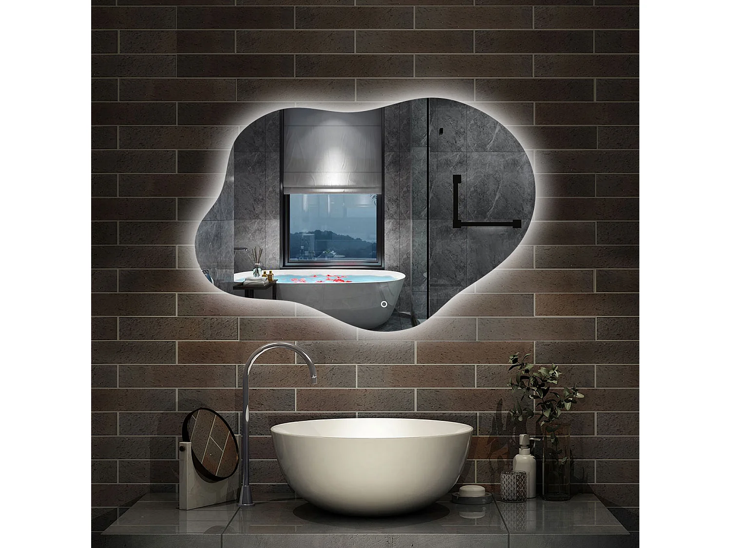 AICA Miroir de salle de bain en forme de nuage 80×55cm, rétro-éclairage, Design Asymétrique, 3 Couleurs + Dimmable + Anti-buée + Mémoire