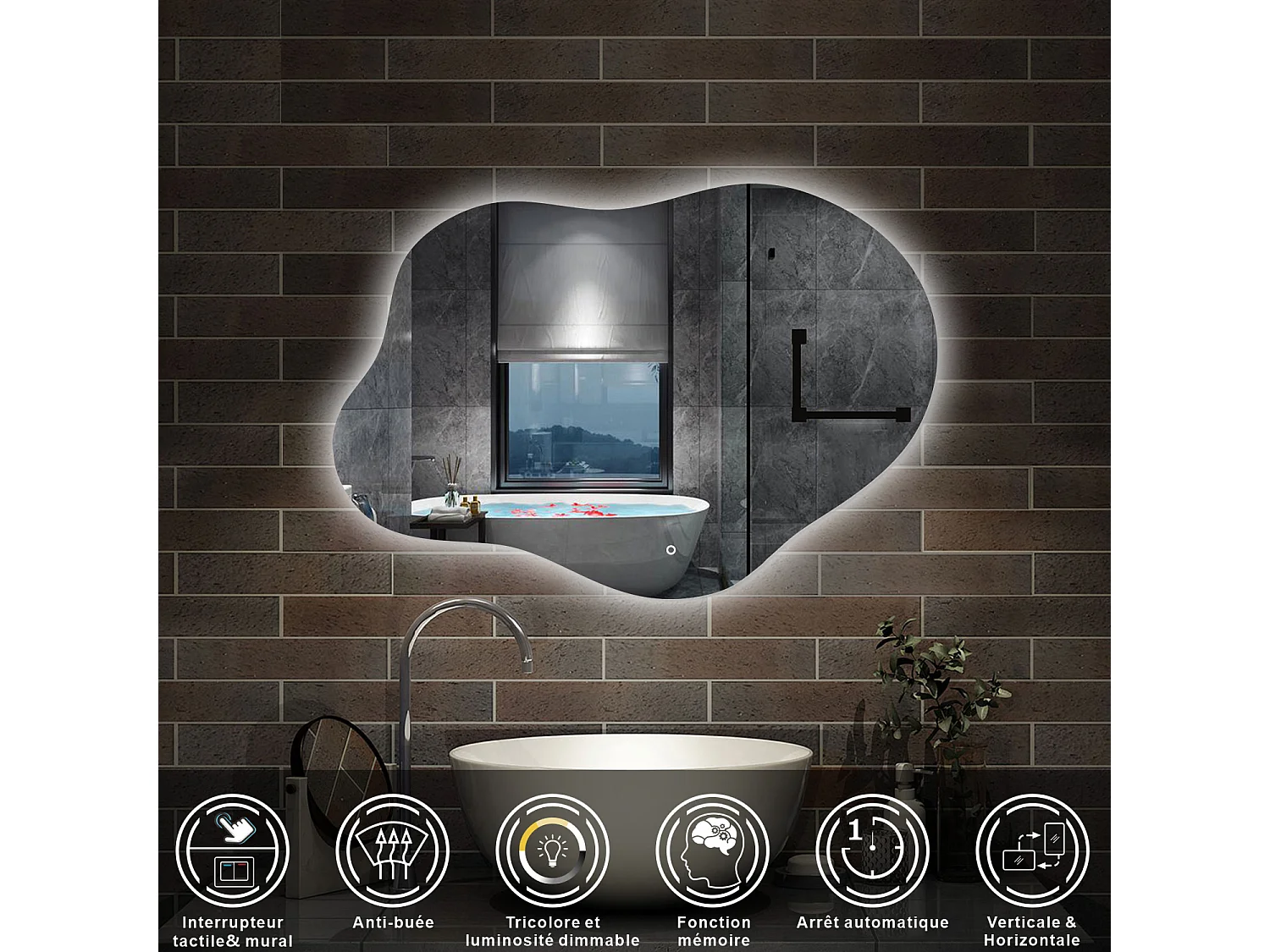 AICA Miroir de salle de bain en forme de nuage 80×55cm, rétro-éclairage, Design Asymétrique, 3 Couleurs + Dimmable + Anti-buée + Mémoire