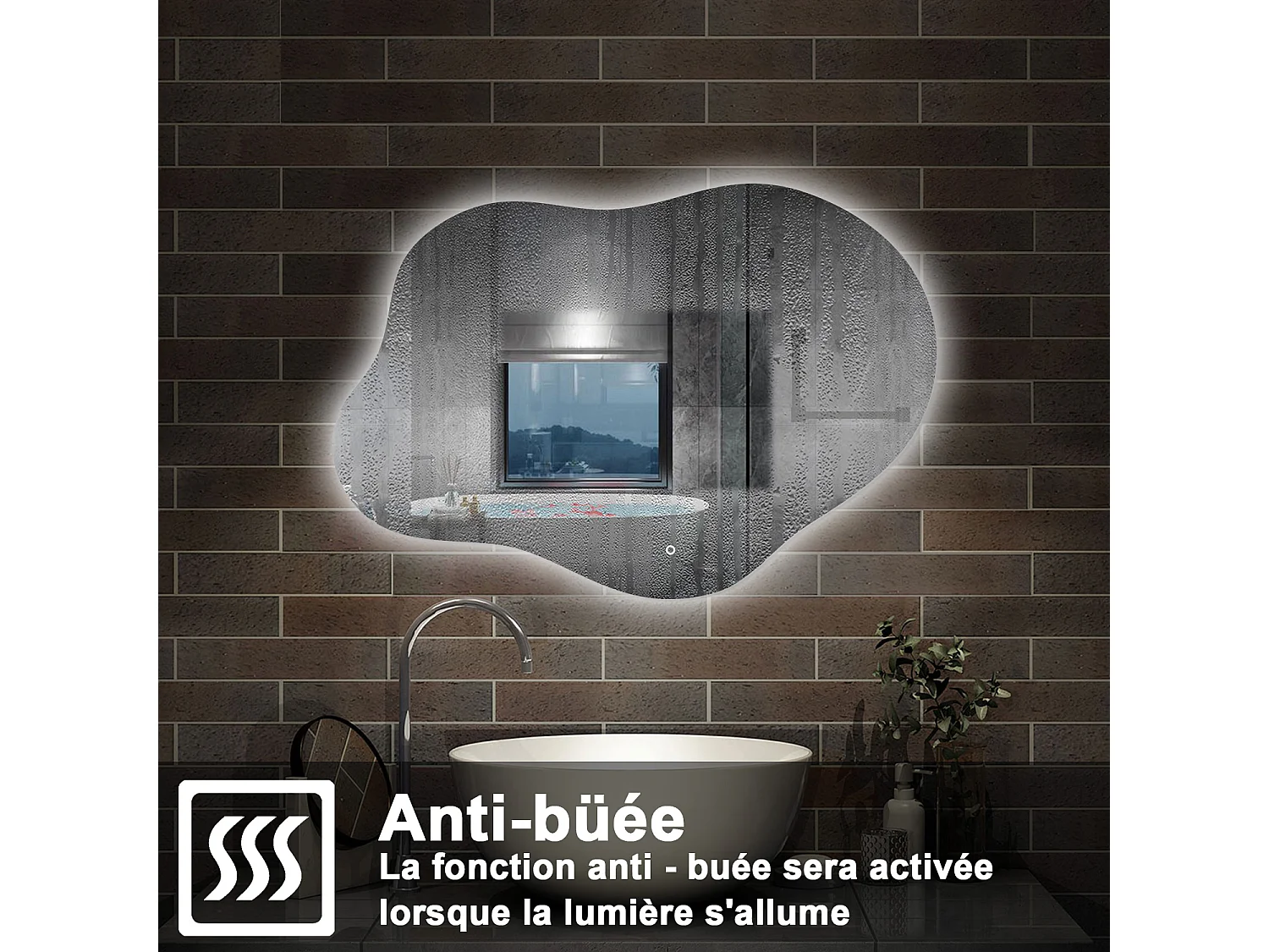 AICA Miroir de salle de bain en forme de nuage 80×55cm, rétro-éclairage, Design Asymétrique, 3 Couleurs + Dimmable + Anti-buée + Mémoire