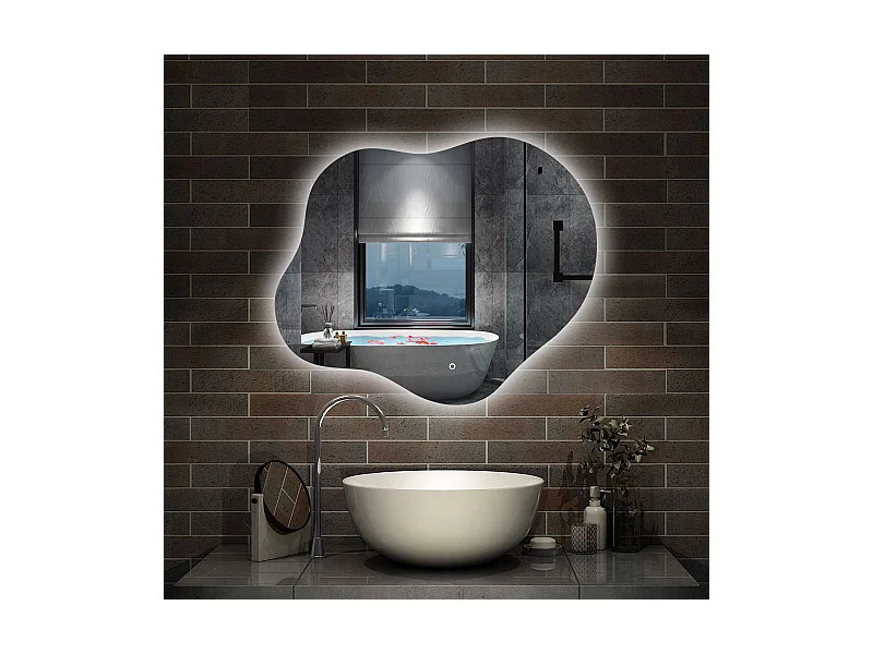 AICA Miroir de salle de bain en forme de nuage 60×50cm, rétro-éclairage, Design Asymétrique, 3 Couleurs + Dimmable + Anti-buée + Mémoire
