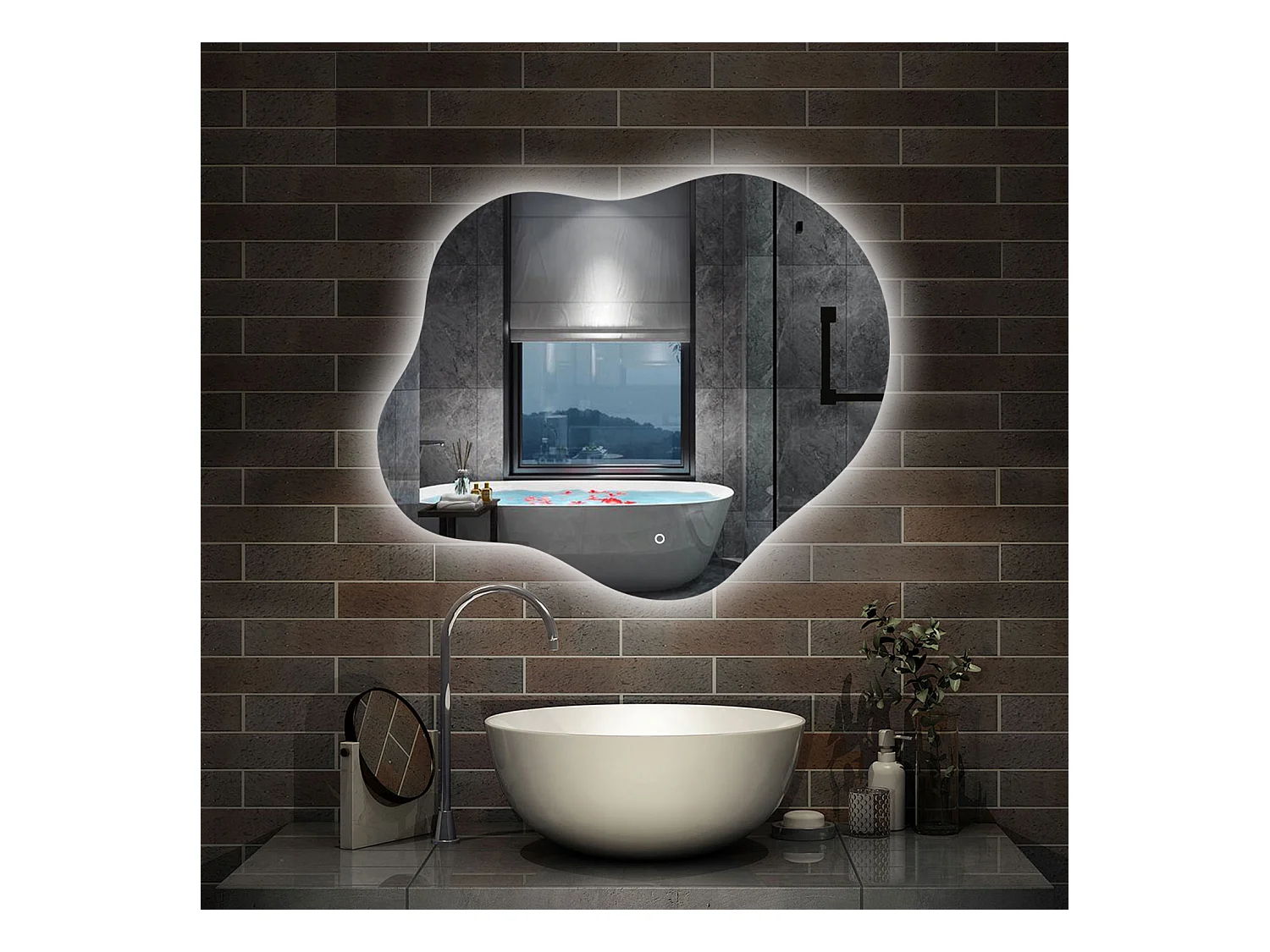 AICA Miroir de salle de bain en forme de nuage 60×50cm, rétro-éclairage, Design Asymétrique, 3 Couleurs + Dimmable + Anti-buée + Mémoire