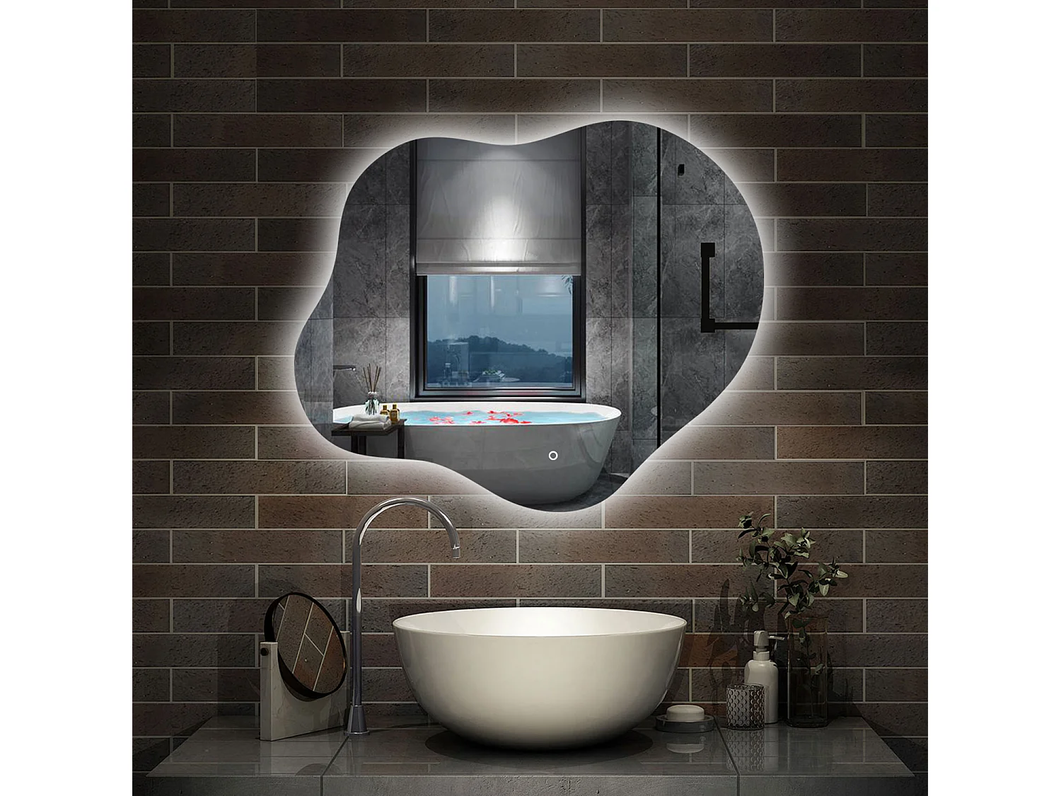 AICA Miroir de salle de bain en forme de nuage 60×50cm, rétro-éclairage, Design Asymétrique, 3 Couleurs + Dimmable + Anti-buée + Mémoire