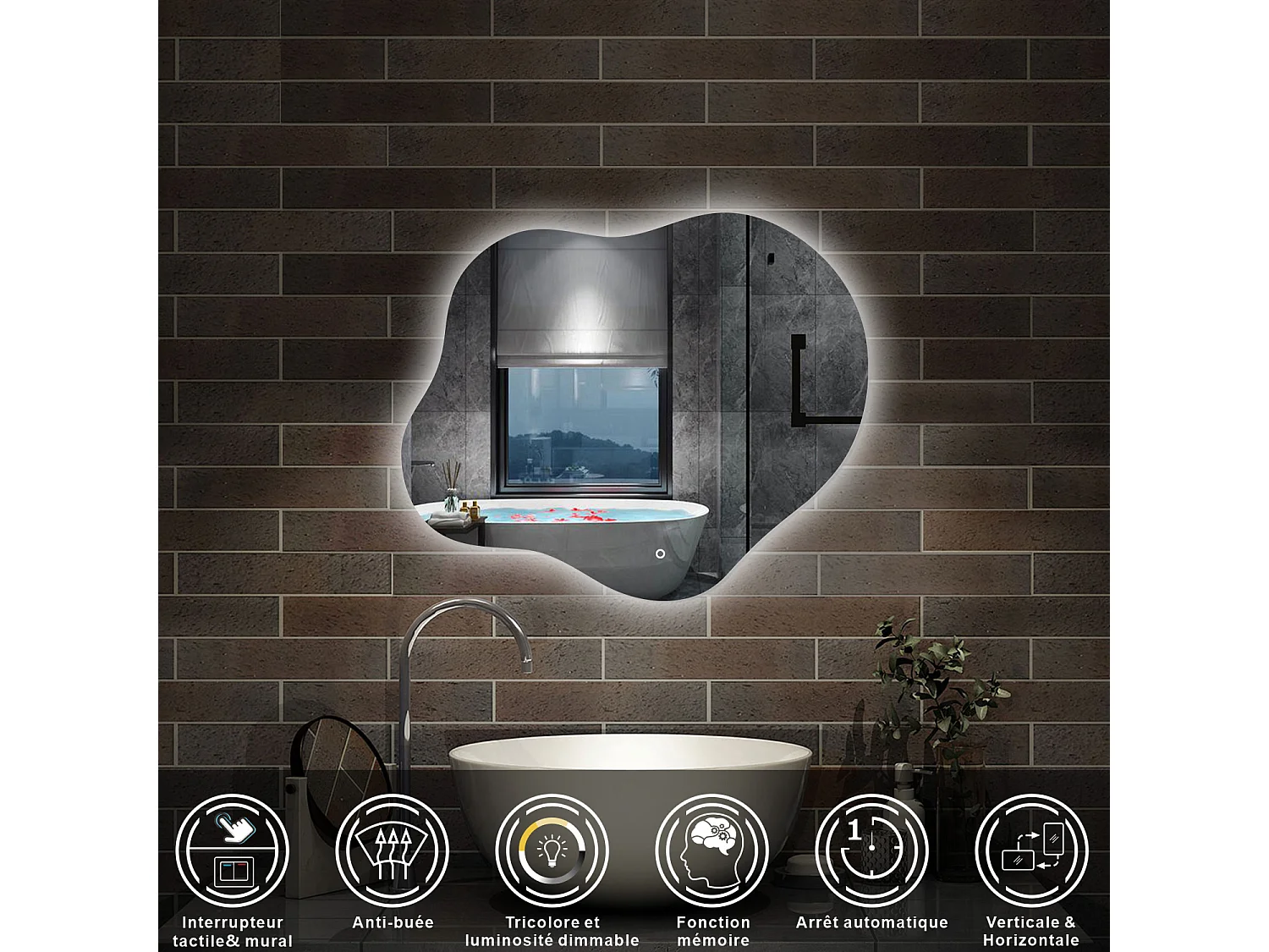 AICA Miroir de salle de bain en forme de nuage 60×50cm, rétro-éclairage, Design Asymétrique, 3 Couleurs + Dimmable + Anti-buée + Mémoire