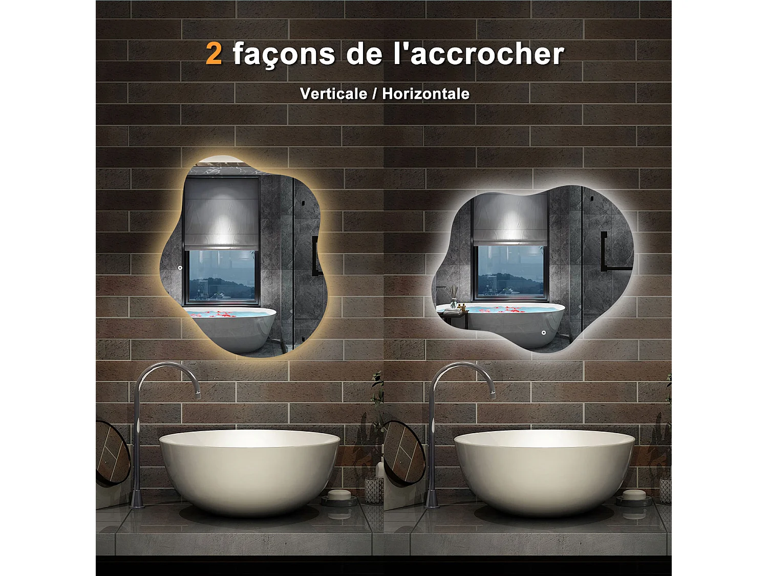 AICA Miroir de salle de bain en forme de nuage 60×50cm, rétro-éclairage, Design Asymétrique, 3 Couleurs + Dimmable + Anti-buée + Mémoire