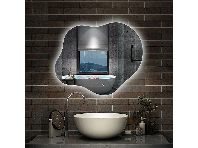 AICA Miroir de salle de bain en forme de nuage 60×50cm, rétro-éclairage, Design Asymétrique, 3 Couleurs + Dimmable + Anti-buée + Mémoire