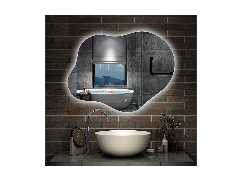 AICA Miroir de salle de bain en forme de nuage 90×68cm, rétro-éclairage, Design Asymétrique, 3 Couleurs + Dimmable + Anti-buée + Mémoire