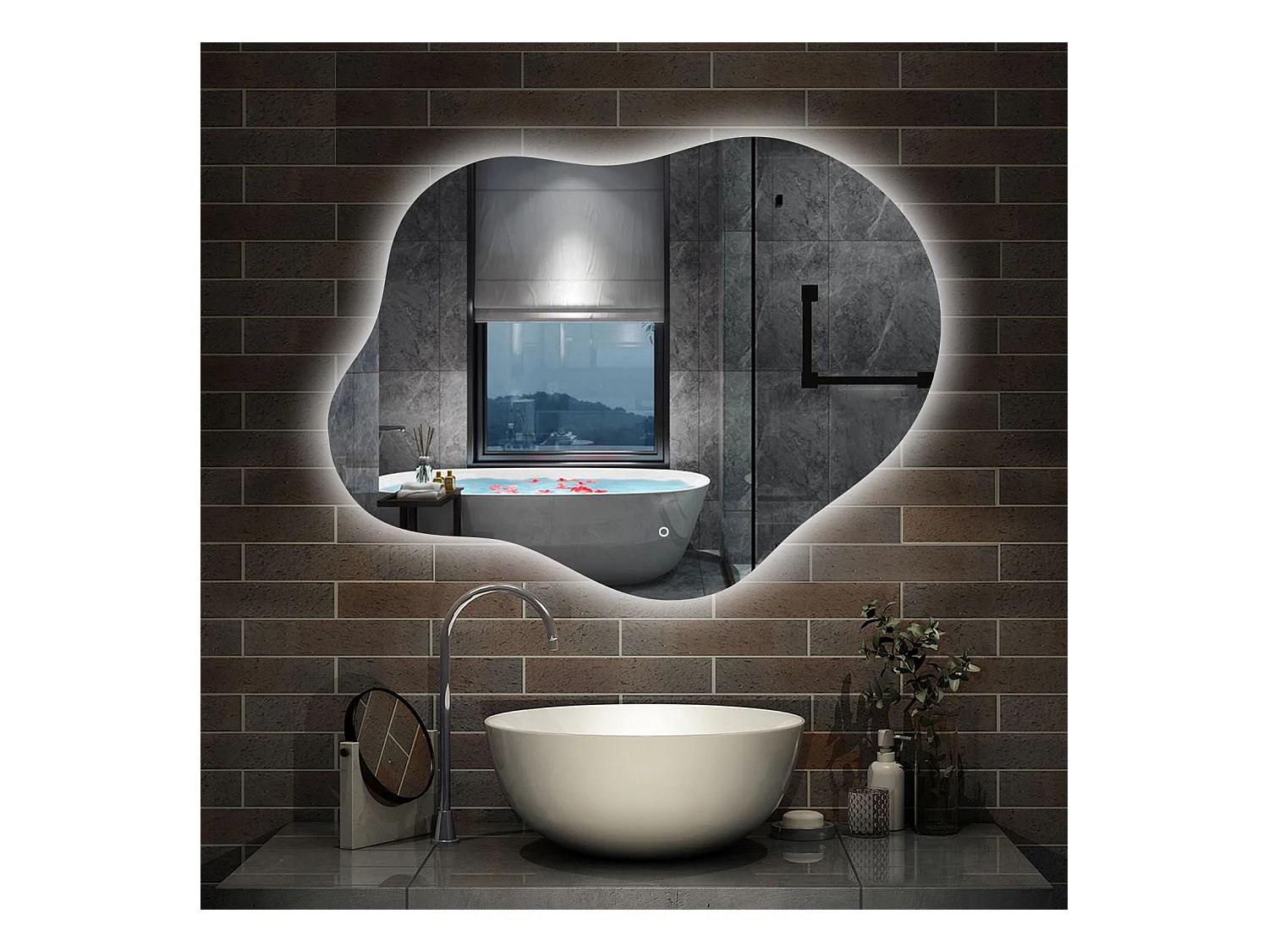 AICA Miroir de salle de bain en forme de nuage 90×68cm, rétro-éclairage, Design Asymétrique, 3 Couleurs + Dimmable + Anti-buée + Mémoire