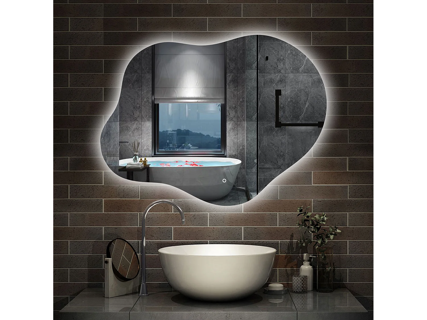 AICA Miroir de salle de bain en forme de nuage 90×68cm, rétro-éclairage, Design Asymétrique, 3 Couleurs + Dimmable + Anti-buée + Mémoire