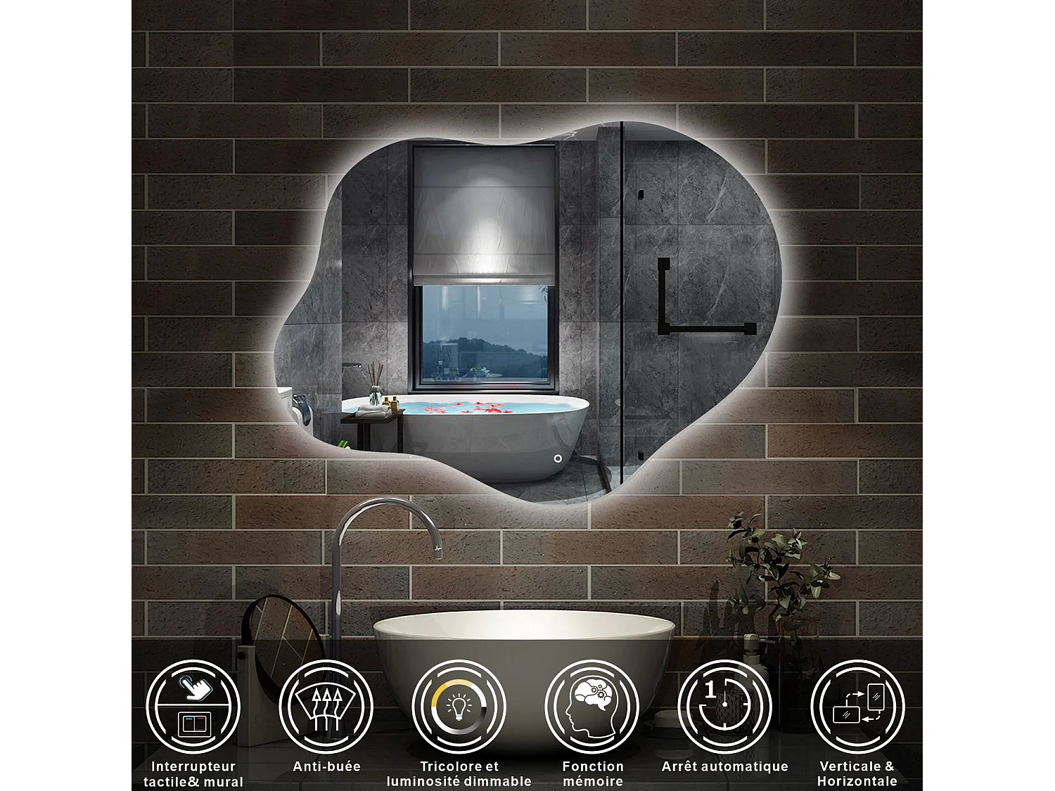 AICA Miroir de salle de bain en forme de nuage 90×68cm, rétro-éclairage, Design Asymétrique, 3 Couleurs + Dimmable + Anti-buée + Mémoire