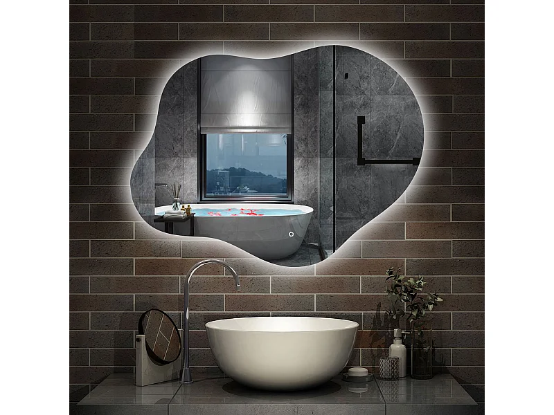 AICA Miroir de salle de bain en forme de nuage 90×68cm, rétro-éclairage, Design Asymétrique, 3 Couleurs + Dimmable + Anti-buée + Mémoire