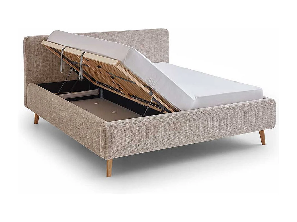 Stauraum Bett gepolstert in Beige und Eiche inklusive Lattenrost