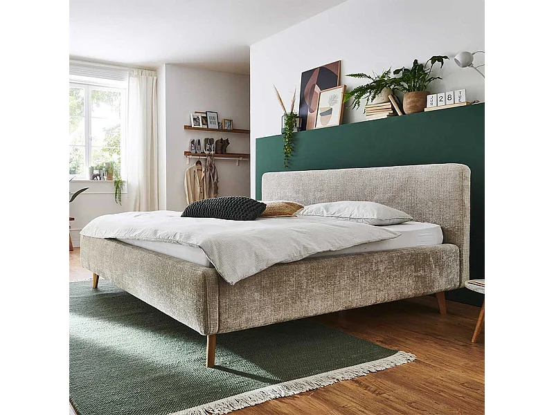 Stauraum Bett gepolstert in Beige und Eiche inklusive Lattenrost