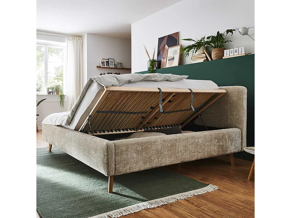 Stauraum Bett gepolstert in Beige und Eiche inklusive Lattenrost