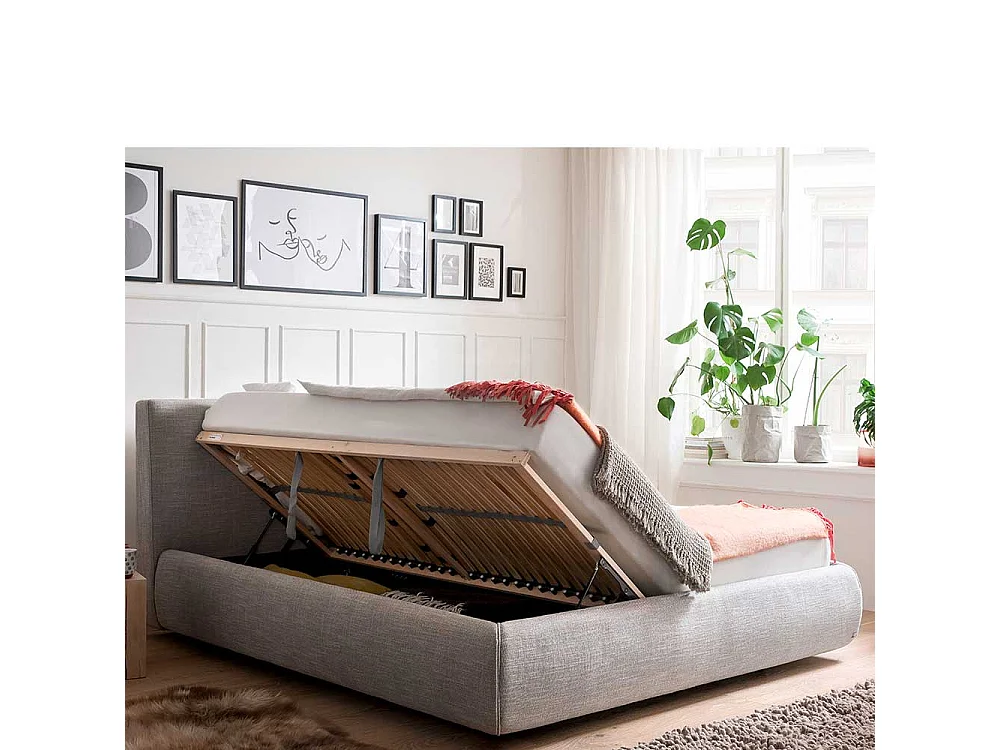 Stauraum Polsterbett in Hellgrau Webstoff modern