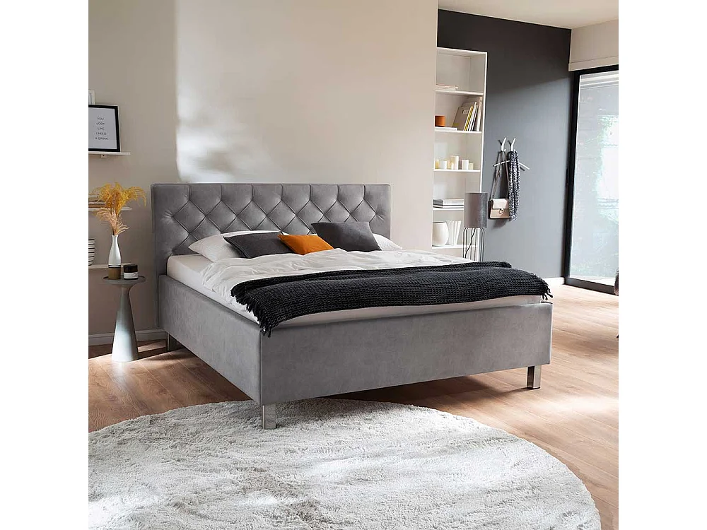 Stauraumbett mit Polsterkopfteil Hellgrau & Chromfarben