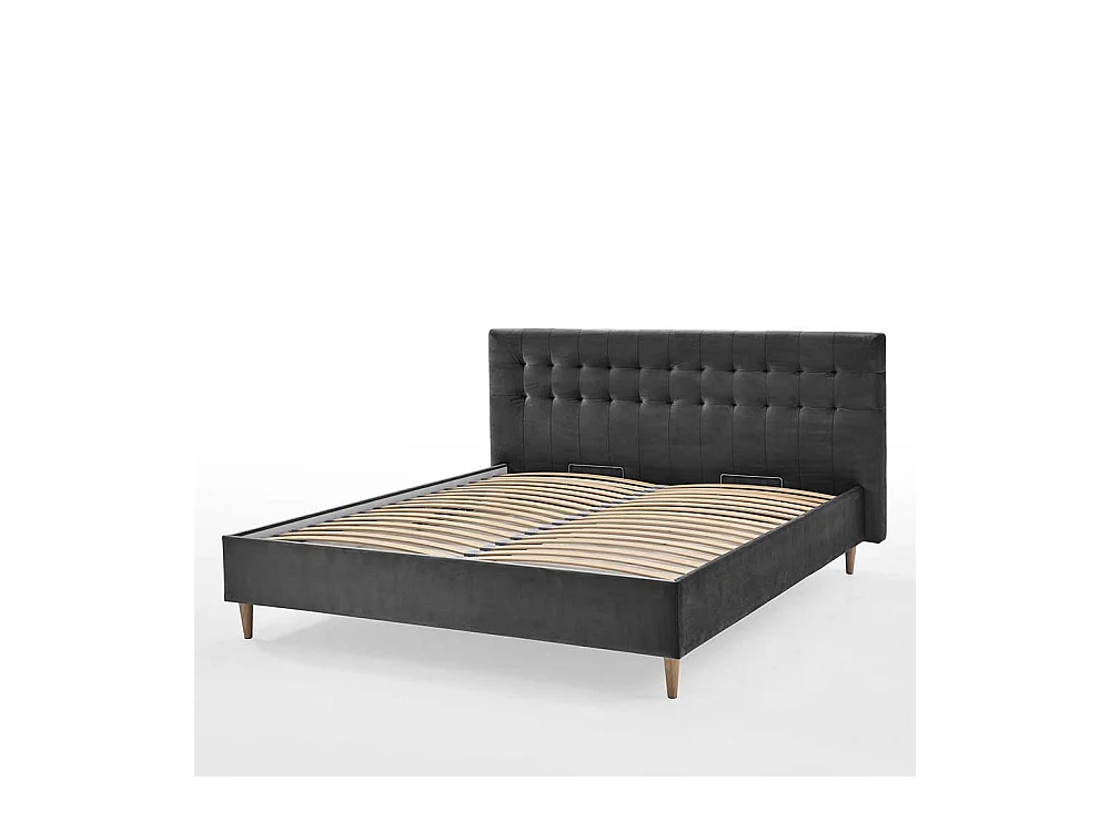 Stauraum Bett in Dunkelgrau Samt Vierfußgestell aus Holz