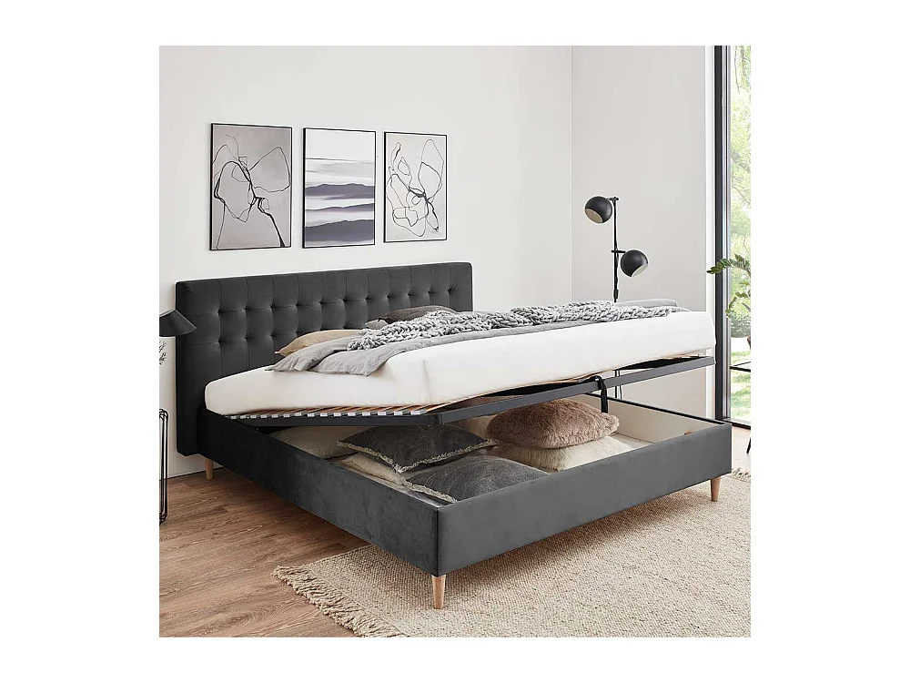 Stauraum Bett in Dunkelgrau Samt Vierfußgestell aus Holz