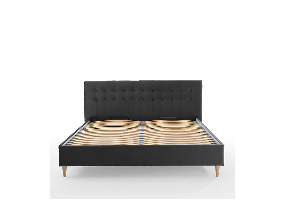 Stauraum Bett in Dunkelgrau Samt Vierfußgestell aus Holz