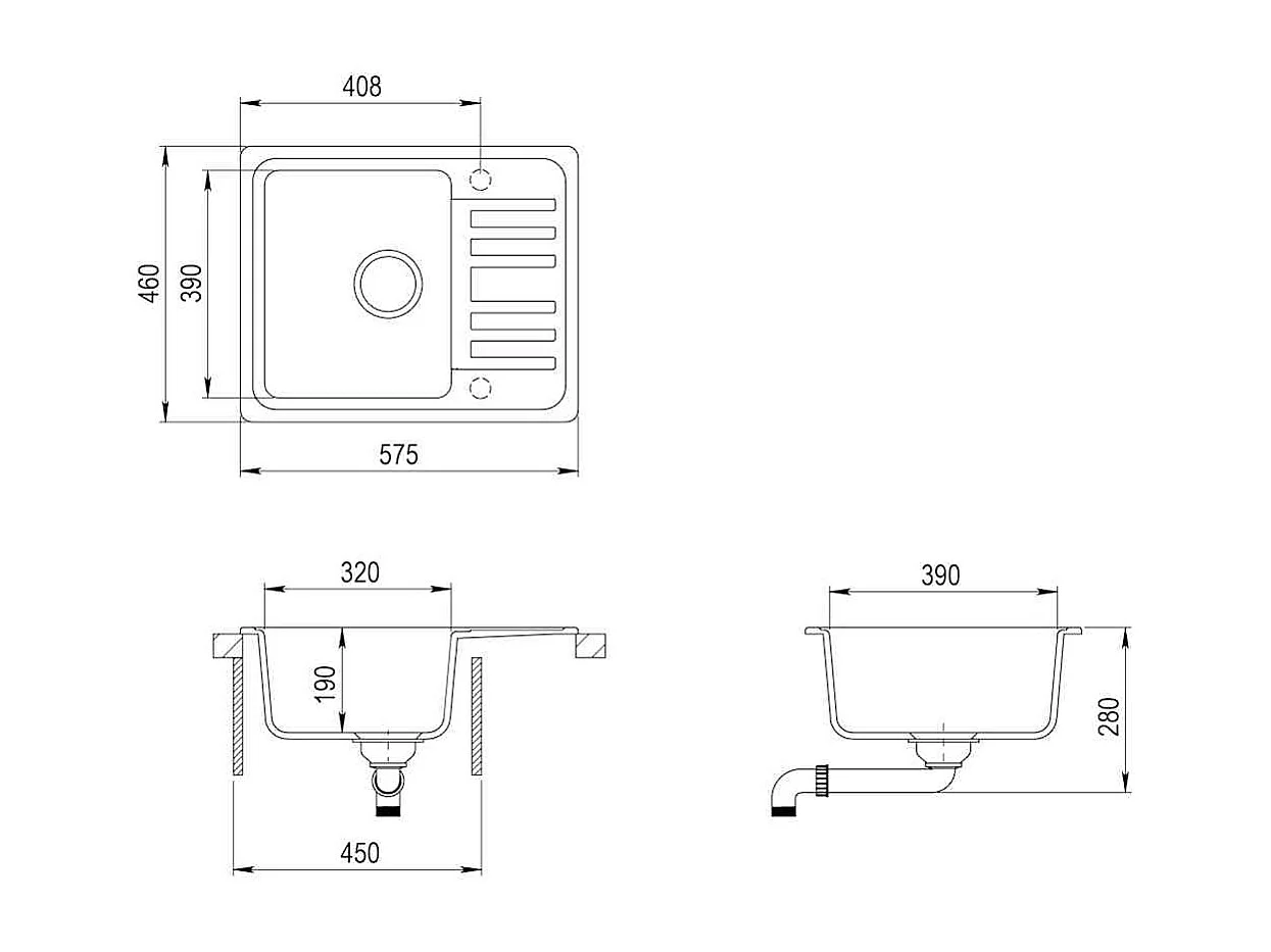 Granieten keukenspoelbak met enkele kom, grijs