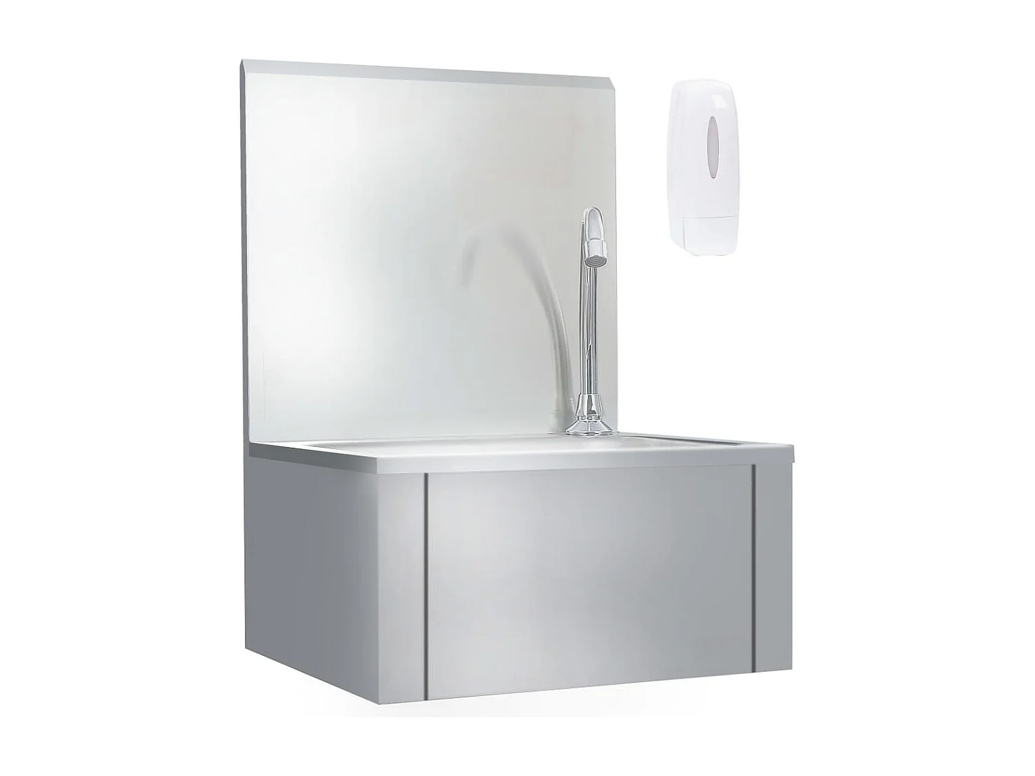 Lavabo de acero inoxidable con grifo y dispensador de jabón.