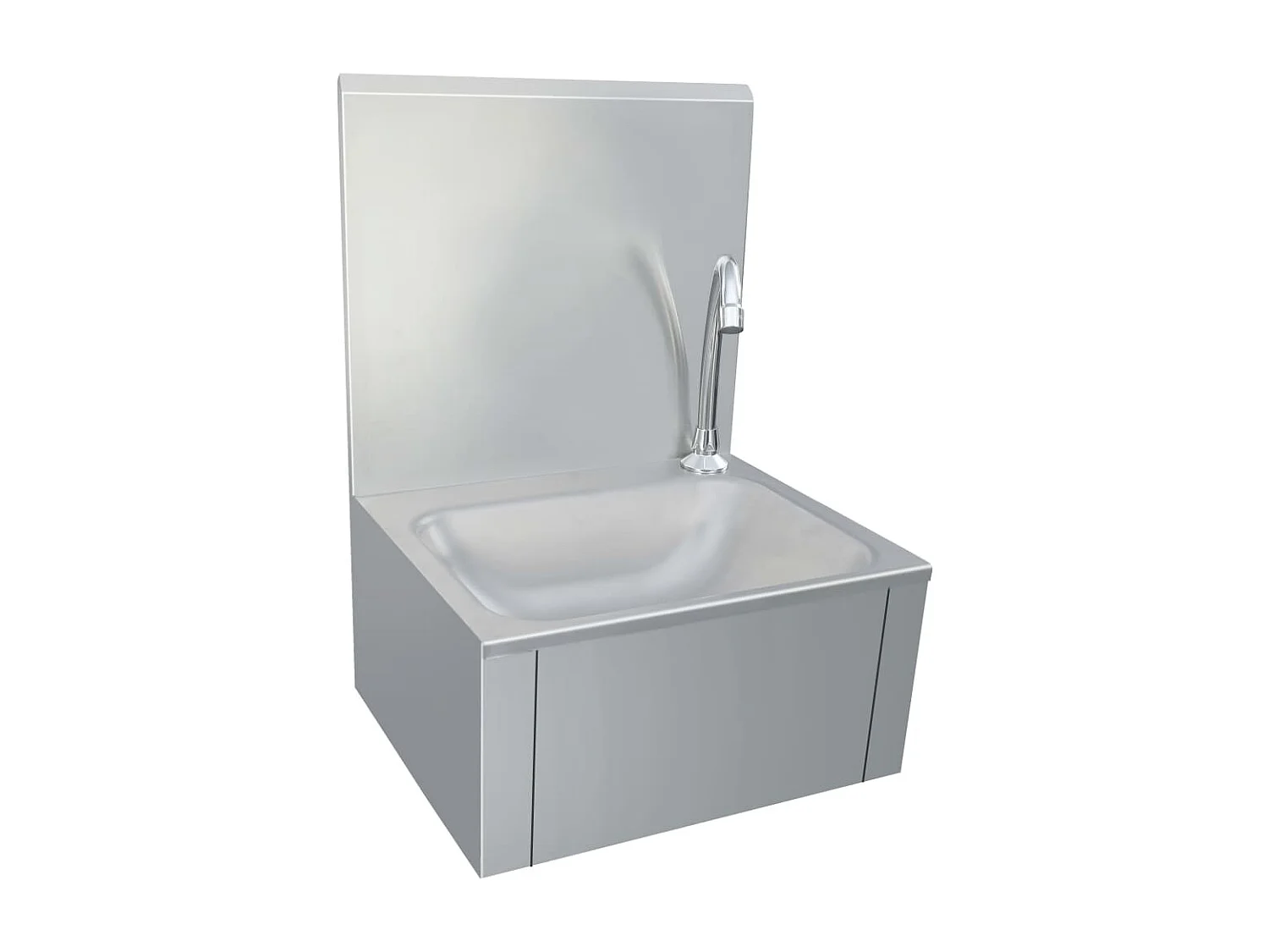 Lavabo de acero inoxidable con grifo y dispensador de jabón.