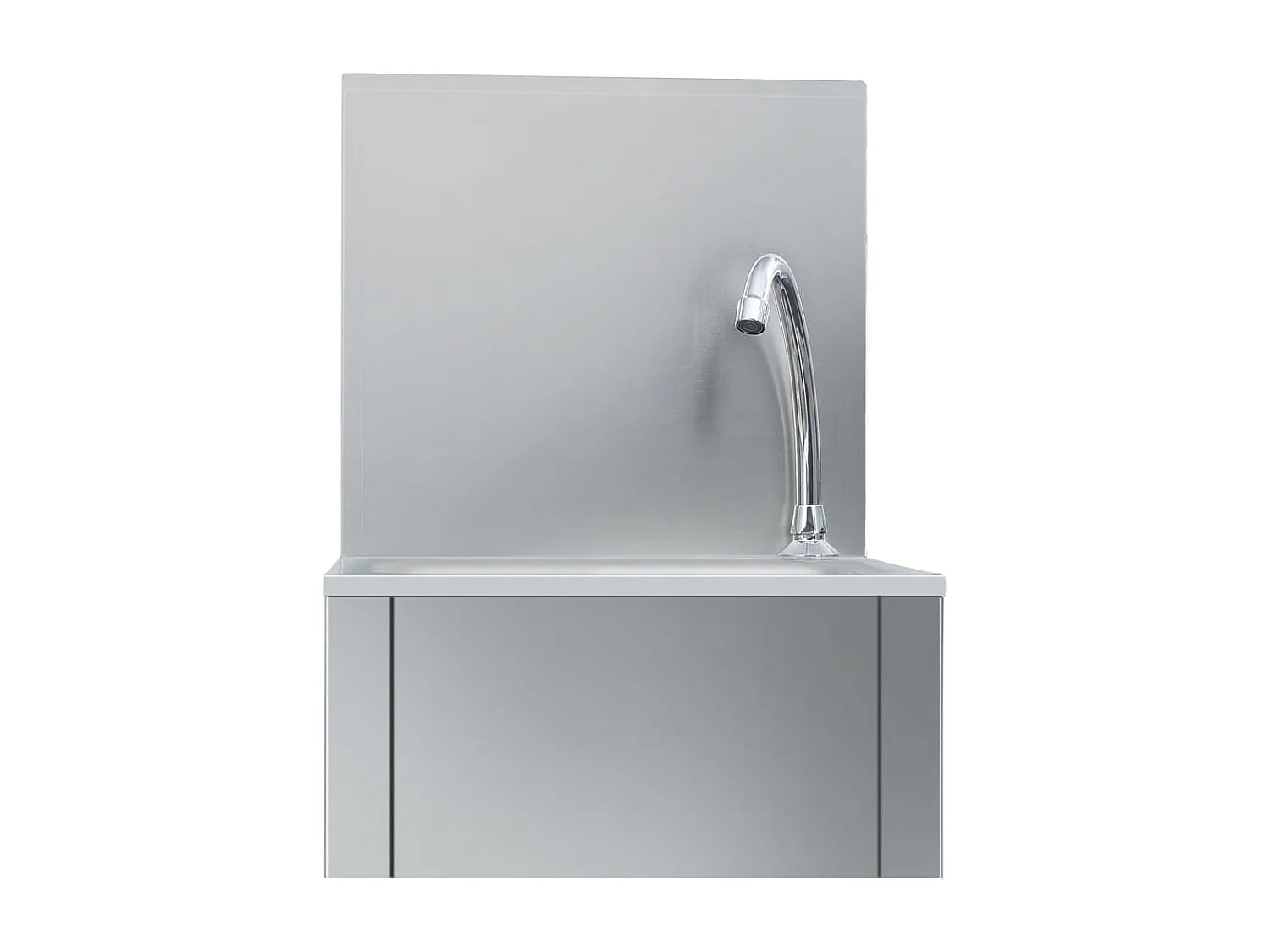 Lavabo de acero inoxidable con grifo y dispensador de jabón.