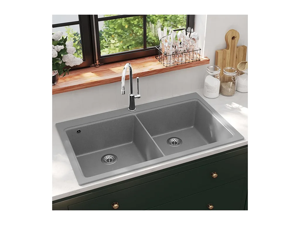 Évier de cuisine encastrable à 2 bacs en granite blanc gris