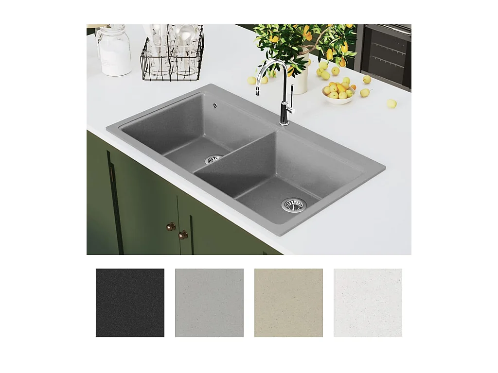 Évier de cuisine encastrable à 2 bacs en granite blanc gris