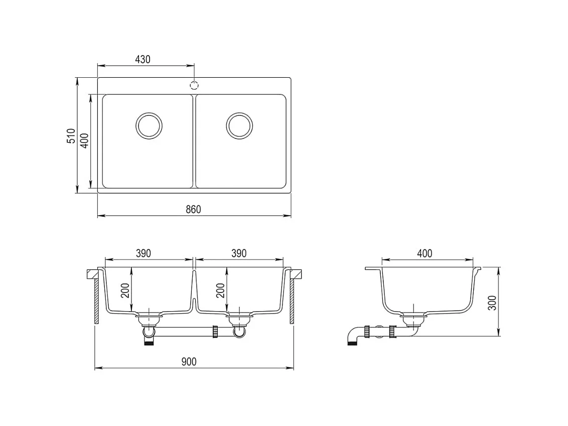 Évier de cuisine encastrable à 2 bacs en granite blanc gris